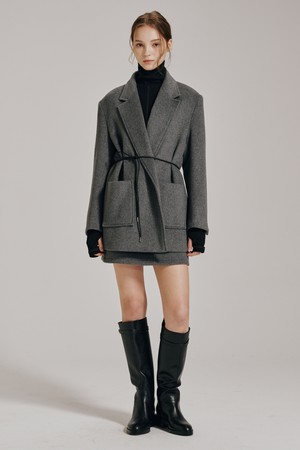 울 벨티드 자켓 셋업 - 차콜 / Wool Belted Jacket Set Up - Chacoal