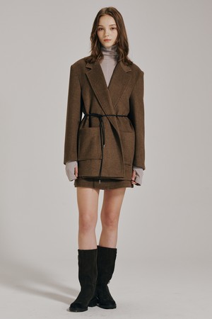 울 벨티드 자켓 셋업 - 브라운 / Wool Belted Jacket Set Up - Brown