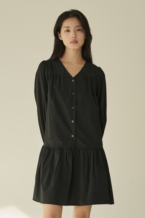 브이넥 셔링 롱슬리브 드레스 - 블랙/ V-Neck Shirring Longsleeve Dress - Black