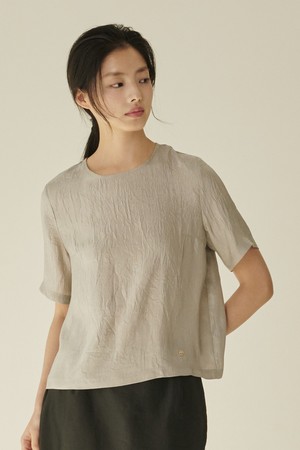 라운드넥 시어 블라우스 - 그레이/ Round‑Neck Sheer Blouse - Gray