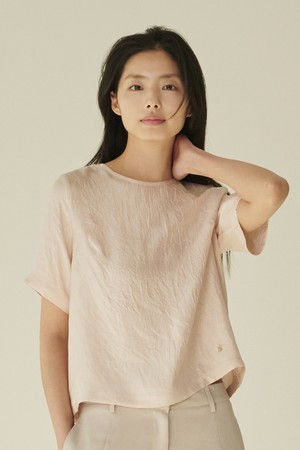 라운드넥 시어 블라우스 - 핑크/ Round‑Neck Sheer Blouse - Pink