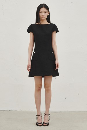 보트넥 트위드 미니 드레스 -블랙 / Boat Neck Tweed Mini Dress - Black