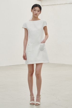 보트넥 트위드 미니 드레스 - 화이트 / Boat Neck Tweed Mini Dress - White