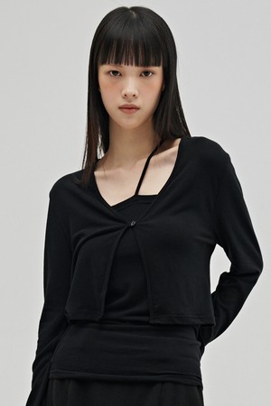 브이넥 가디건 레이어드 세트 - 블랙 / V-Neck Cardigan Layered Set - Black