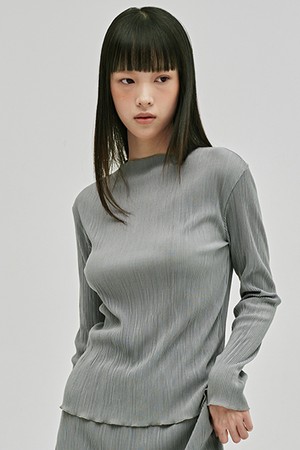 플리츠 모크넥 롱슬리브 티셔츠 - 라이트 그레이 / Pleated Mock Neck Long Sleeve T-Shirt - L.Gray
