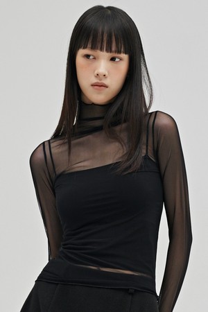 시어 하이넥 롱슬리브 티셔츠 - 블랙 / Sheer High Neck Long Sleeve T-Shirt - Black