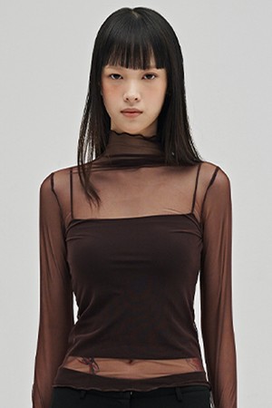 시어 하이넥 롱슬리브 티셔츠 - 버건디 / Sheer High Neck Long Sleeve T-Shirt - Burgundy