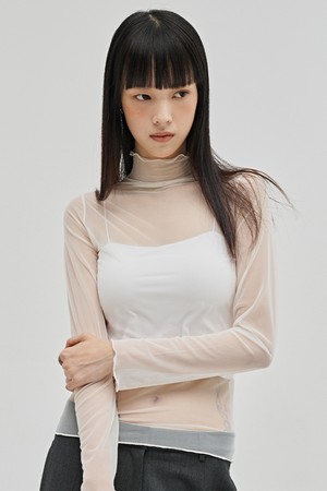 시어 하이넥 롱슬리브 티셔츠 - 크림 / Sheer High Neck Long Sleeve T-Shirt - Cream