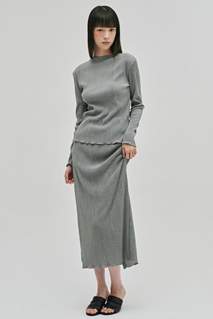 플리츠 모크넥 롱슬리브 티셔츠 셋업 - 라이트 그레이 / Pleated Mock Neck Long Sleeve T-Shirt Set Up - L.Gray