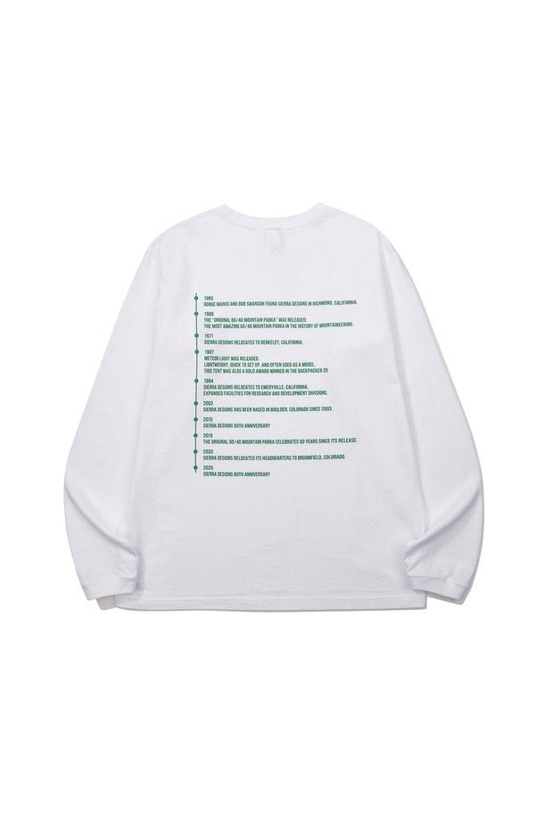 Good On(굿온) x SIERRA DESIGNS(시에라 디자인즈) 60주년 HISTORY 긴팔 티셔츠 화이트입니다. 캐주얼 및 스포티 무드로 연출하기 좋으며, 봄, 가을에 착용하기 적합합니다. 고밀도 코튼 원단으로 제작되어 부드러운 촉감을 선사하며, 신축성이 있어 편안한 착용감을 제공합니다. 워싱 처리와 최소 수축 가공으로 변형 없이 오래 입을 수 있습니다. 뒷면에는 브랜드 히스토리 타임라인 프린트가 더해져 디자인의 포인트를 더합니다.
