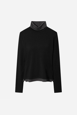 여성) 레이어 배색 모크넥 긴팔티셔츠(BLACK)
