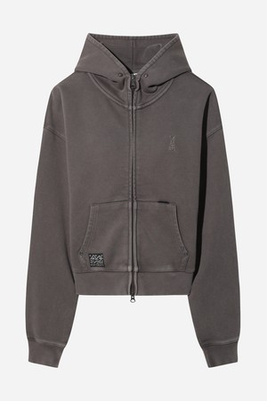 여성) 페이드 워싱 크롭 후드집업(BROWN)