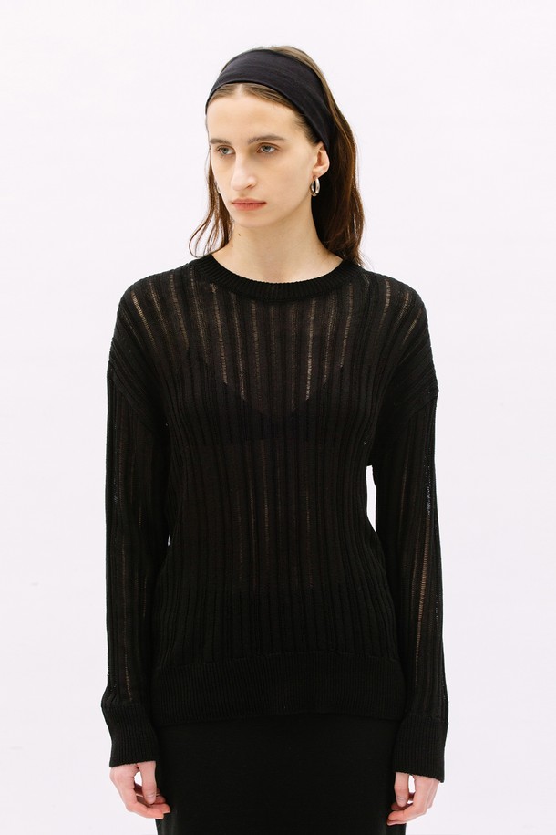 WEARIS - 긴소매 티셔츠 - Crack Long Sleeve see through knit top_Black