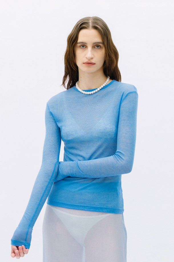 WEARIS - 긴소매 티셔츠 - Layered Long Sleeve See Through T-shirt_Skyblue