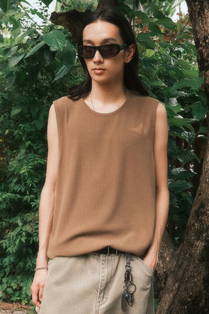 루즈핏 리브드 슬리브리스 (카키)