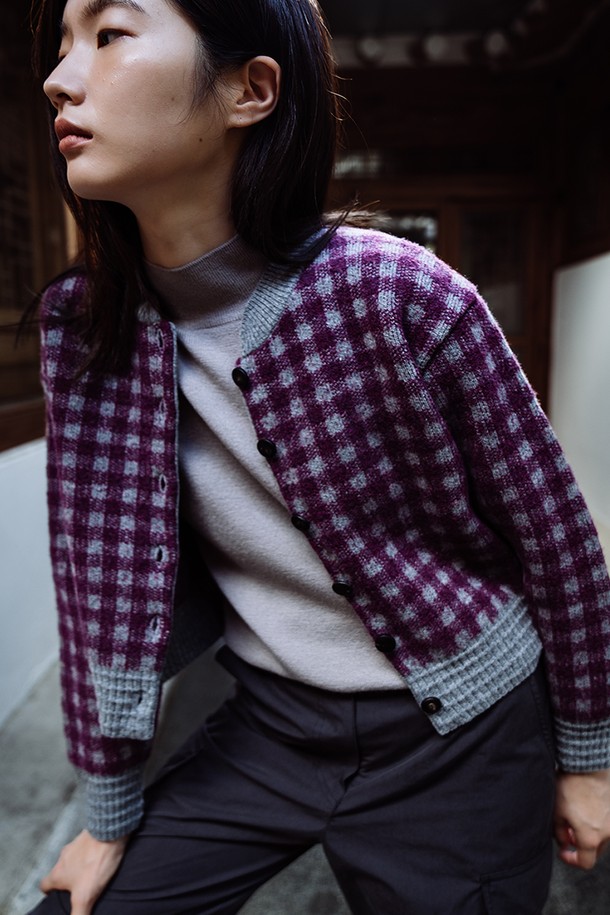 REPLAIN - 가디건 - WOOL BLENDED GINGHAM CHECK CARDIGAN_PURPLE