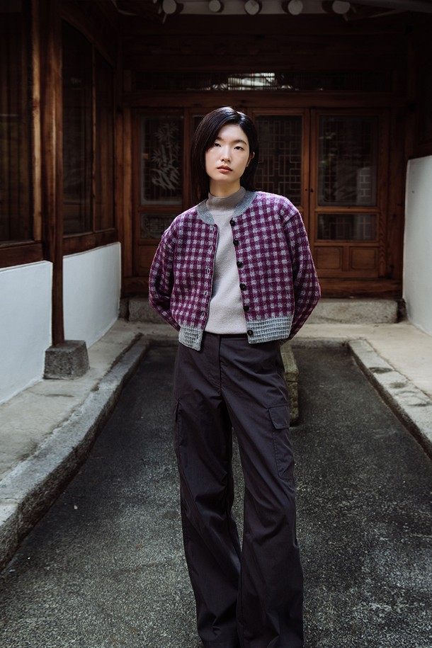 REPLAIN - 가디건 - WOOL BLENDED GINGHAM CHECK CARDIGAN_PURPLE