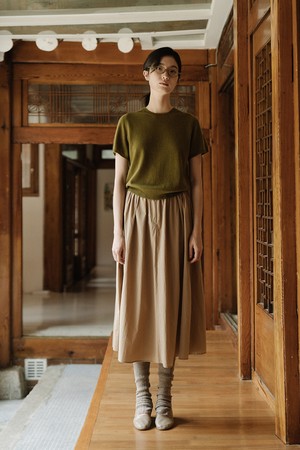 PURE CASHMERE HALF SLEEVE KNIT TOP_OLIVE