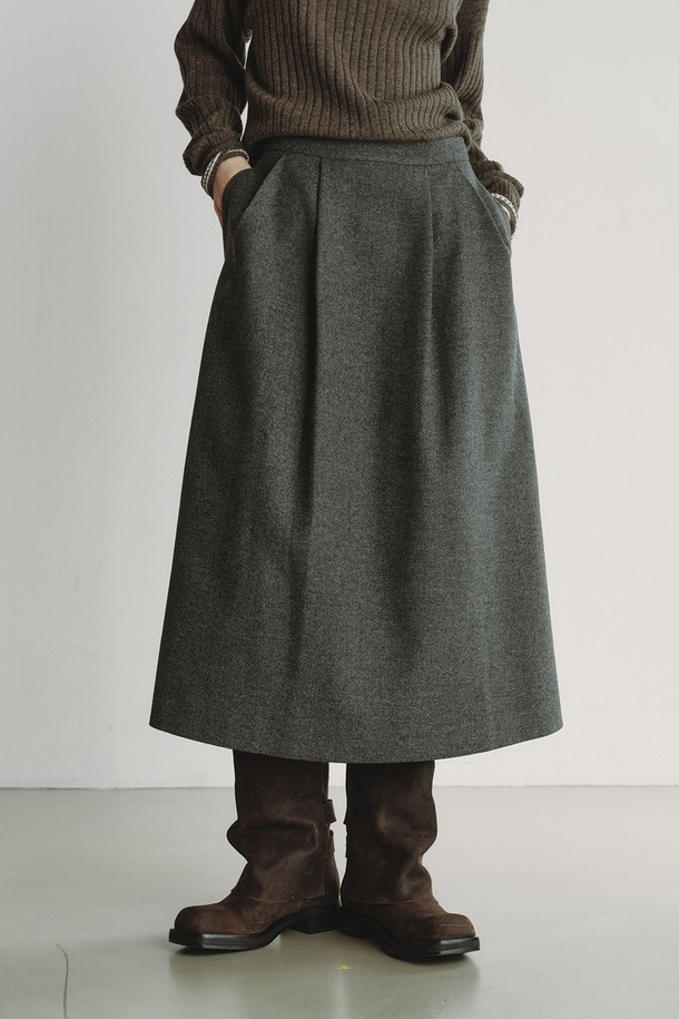 REPLAIN - 롱스커트 - WOOL BLEND PLEATS SKIRT_GREY