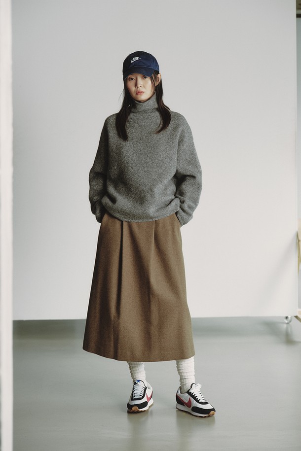 REPLAIN - 롱스커트 - WOOL BLEND PLEATS SKIRT_BROWN