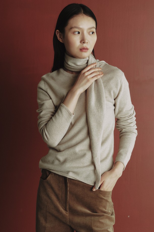 REPLAIN - 스웨터 - CASHMERE 30 KNIT TOP & MUFFLER _PALE BEIGE