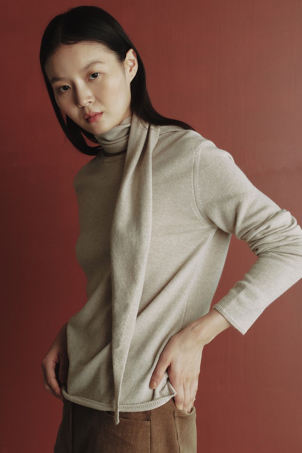 REPLAIN - 스웨터 - CASHMERE 30 KNIT TOP & MUFFLER _PALE BEIGE