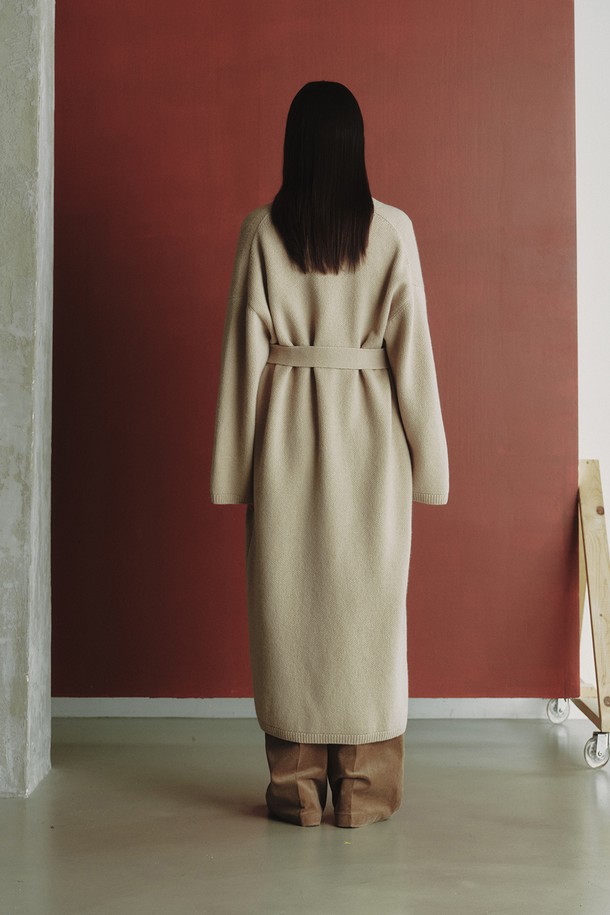 REPLAIN - 코트 - LONG BELT KNIT COAT_PALE BEIGE