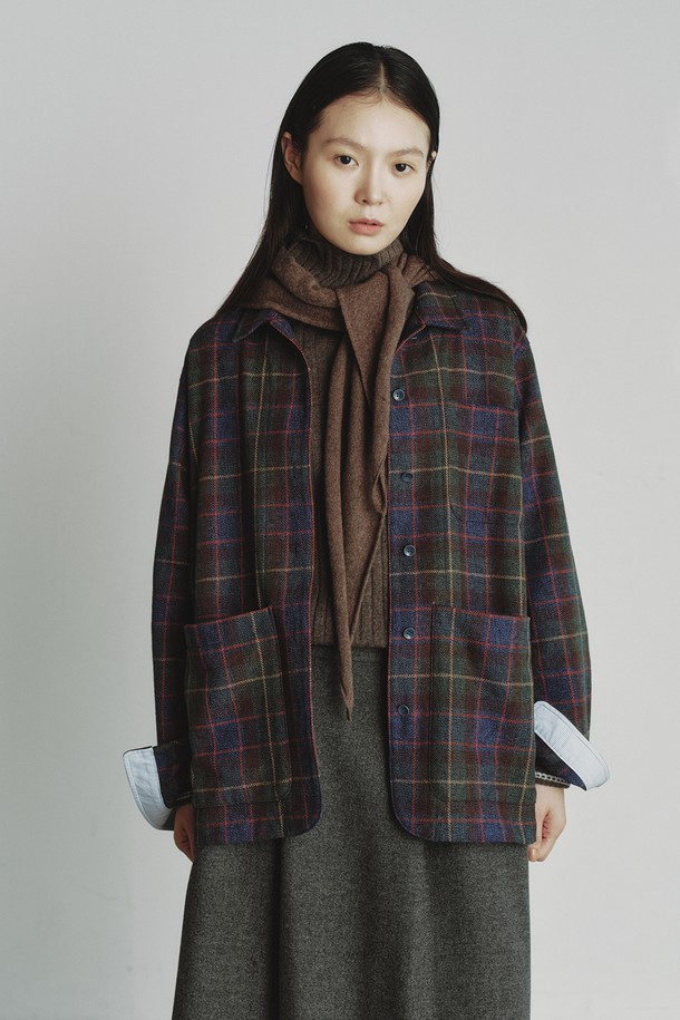 REPLAIN -  - OVERSIZE CHECK JACKET_MAUVE BLUE