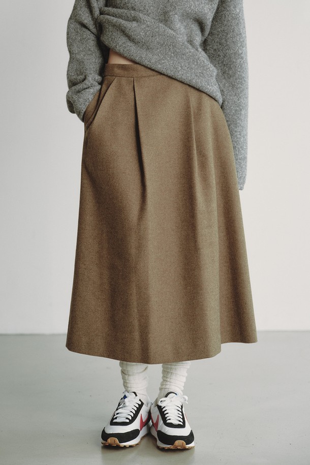 REPLAIN - 롱스커트 - WOOL BLEND PLEATS SKIRT_BROWN