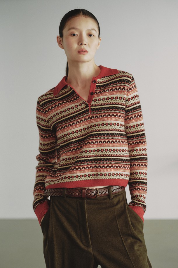 REPLAIN - 스웨터 - COLLAR JACQUARD TOP_RUST