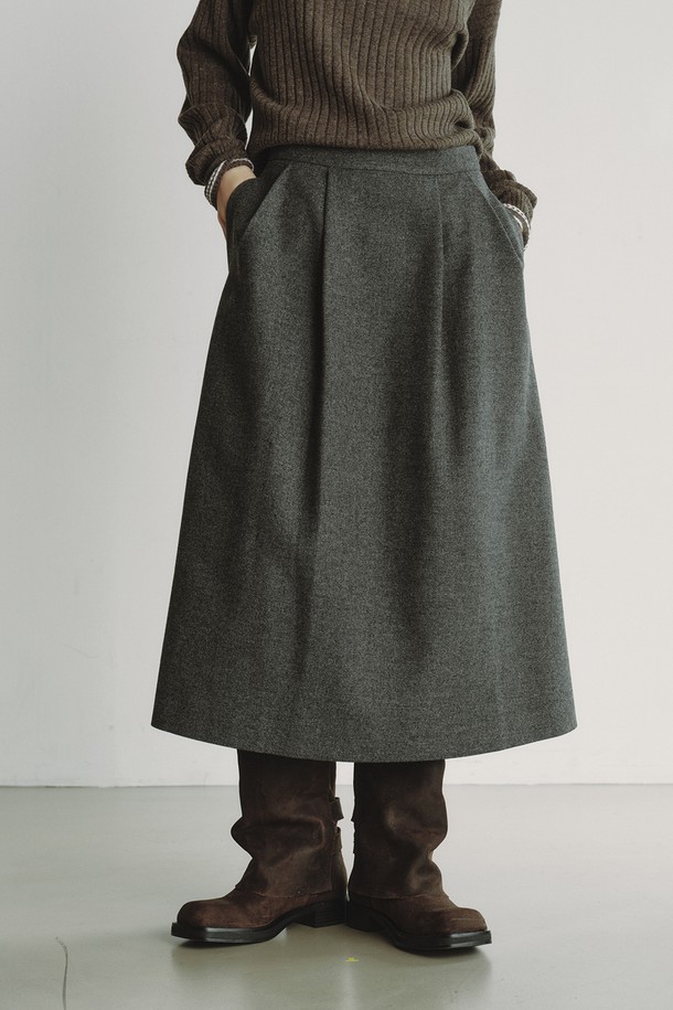 REPLAIN - 롱스커트 - WOOL BLEND PLEATS SKIRT_GREY