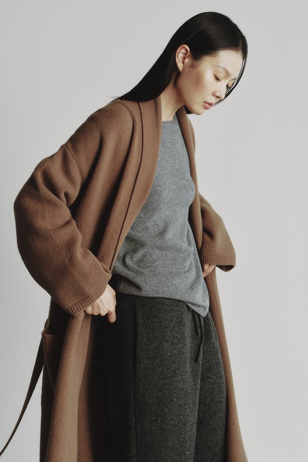 REPLAIN - 코트 - LONG BELT KNIT COAT_COCOA