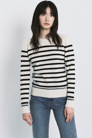 CASHMERE10 STRIPE LOGO KNIT TOP_IVORY