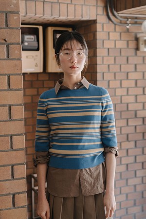 STRIPE HALF KNIT TOP_BLUE