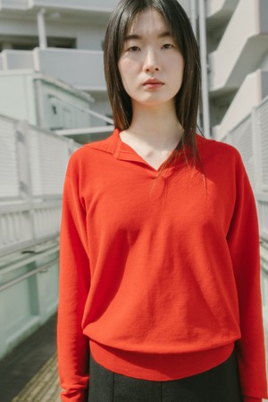 COTTON LOOSE COLLAR KNIT TOP_RED