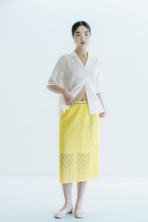 VISCOSE BLENDED LACE LAYERED SKIRT_YELLOW