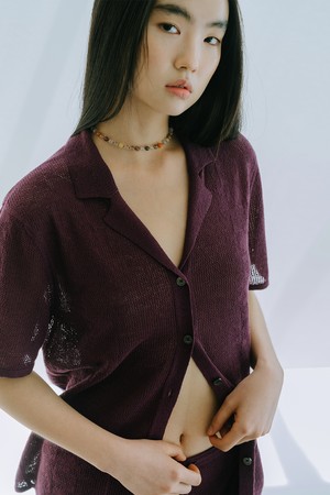 LINEN BLENDED CROCHET SHIRT_WINE