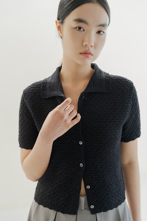 LINEN BLENDED CROCHET CARDIGAN_BLACK