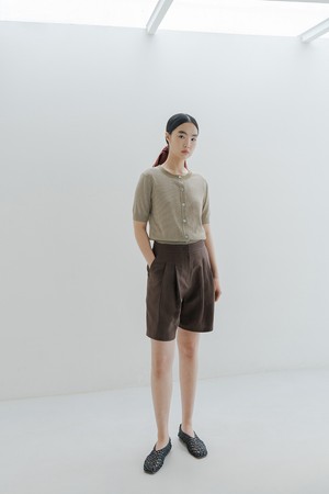 LINEN BLEND EMBROIDERY SHORTS_BROWN