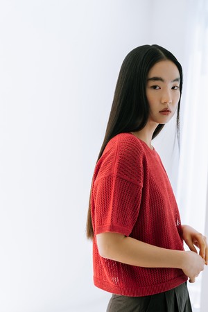 LINEN BLENDED CHUNKY KNIT TOP_RED