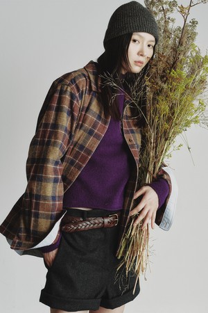 OVERSIZE CHECK JACKET_BROWN