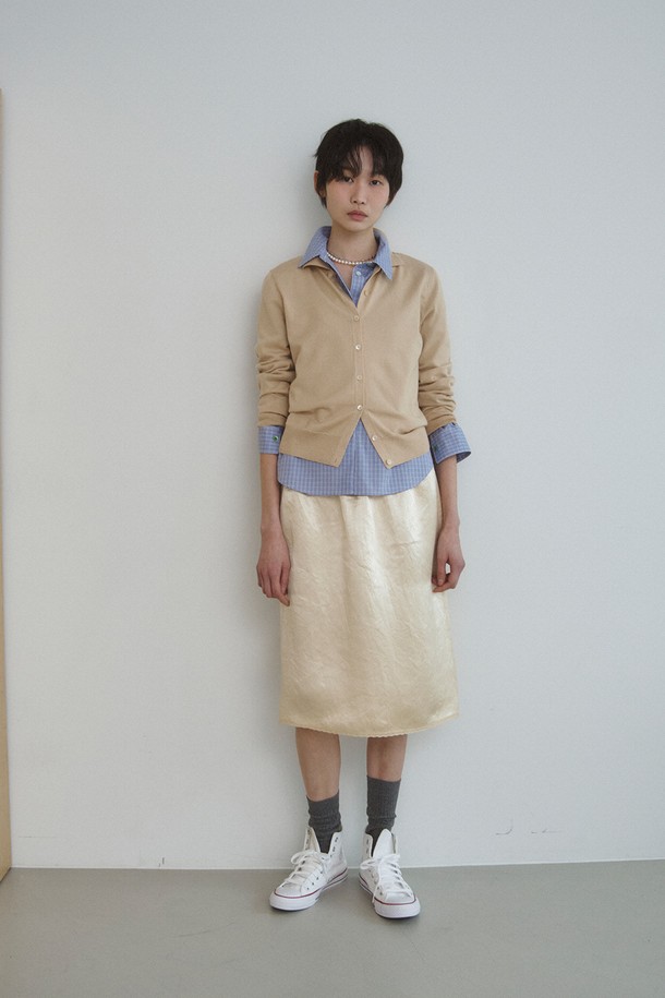 RePLAIN - 미디스커트 - LACE TRIMMING SATIN SKIRT_LIGHT BEIGE