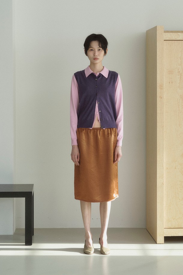 RePLAIN - 미디스커트 - LACE TRIMMING SATIN SKIRT_CAMEL