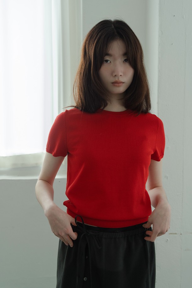 RePLAIN - 스웨터 - COTTON HALF SLEEVE KNIT TOP_RED