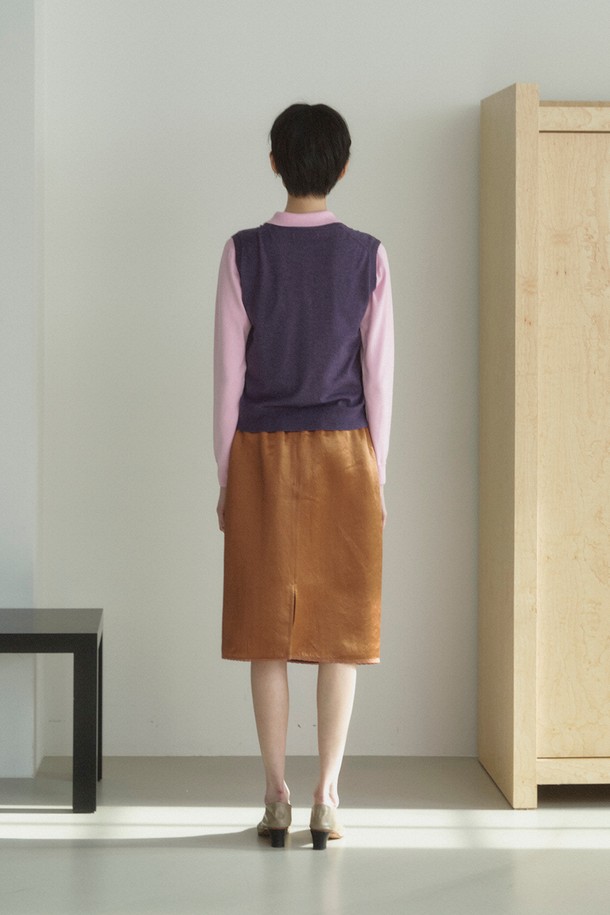 RePLAIN - 미디스커트 - LACE TRIMMING SATIN SKIRT_CAMEL