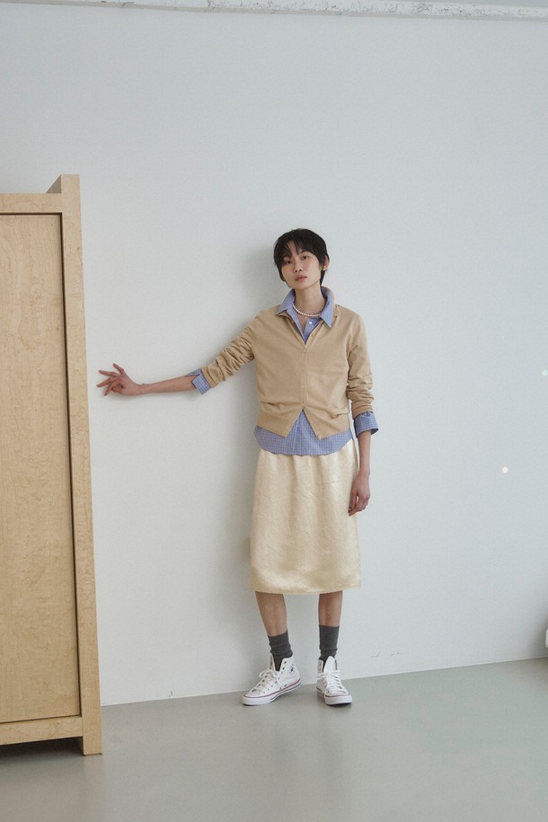 RePLAIN - 미디스커트 - LACE TRIMMING SATIN SKIRT_LIGHT BEIGE