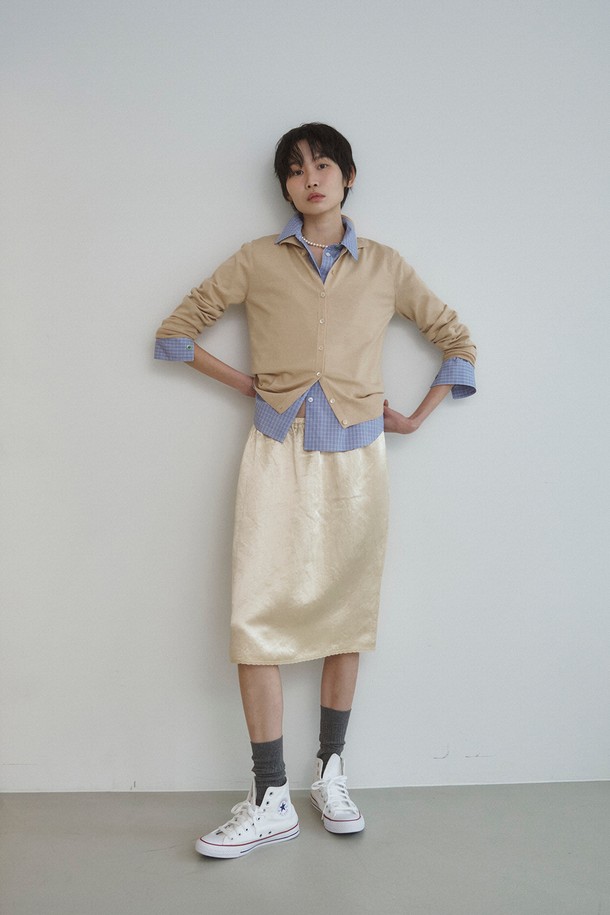 RePLAIN - 미디스커트 - LACE TRIMMING SATIN SKIRT_LIGHT BEIGE