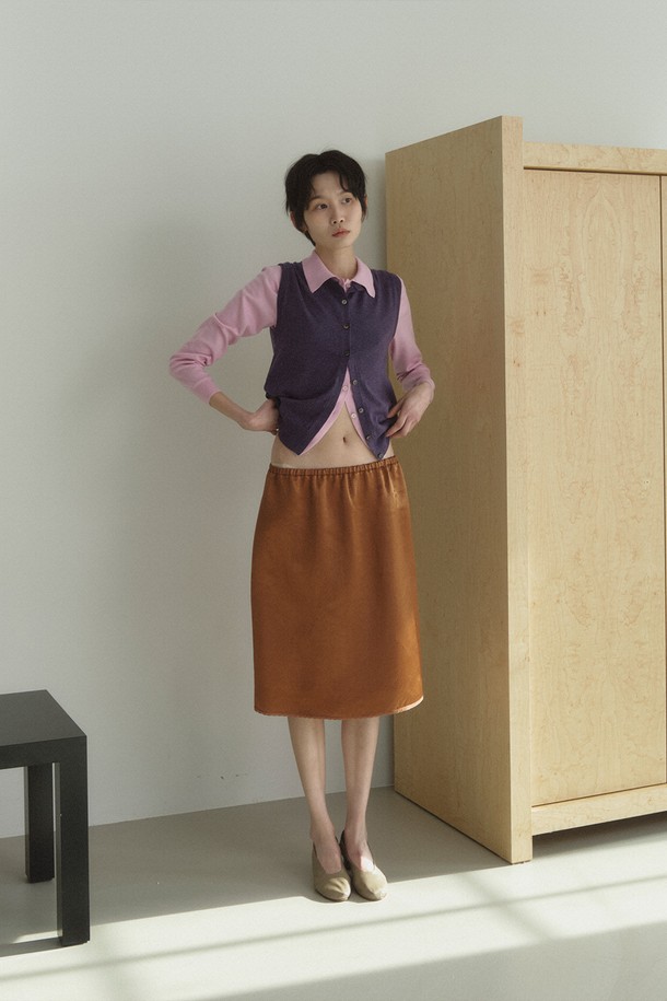 RePLAIN - 미디스커트 - LACE TRIMMING SATIN SKIRT_CAMEL