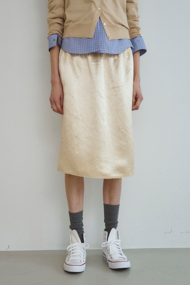 RePLAIN - 미디스커트 - LACE TRIMMING SATIN SKIRT_LIGHT BEIGE