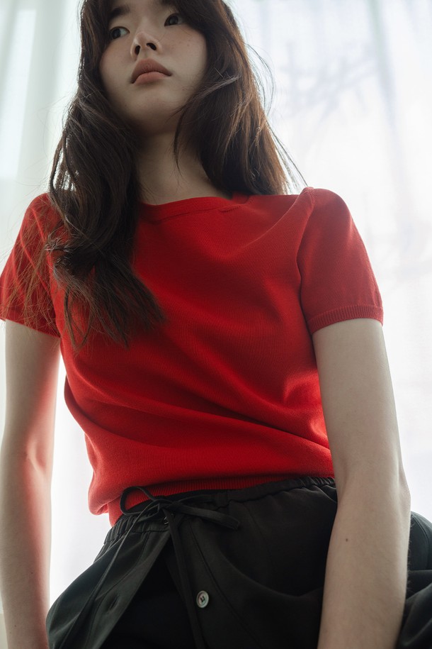 RePLAIN - 스웨터 - COTTON HALF SLEEVE KNIT TOP_RED